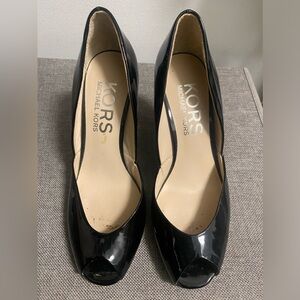 Black patent peep toe wedges Michael Kors